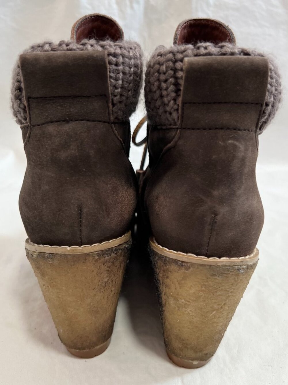 See by Chloé boots Wallabee wedge brown suede 40 9.5 high heel lace up knit cuff - Picture 4 of 15